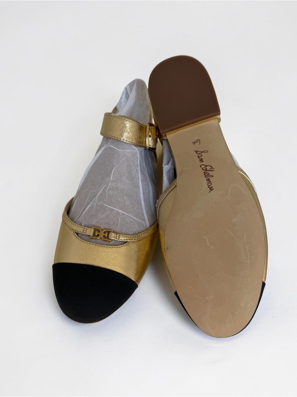 Sam Edelman Rylie Cap Toe Mary Jane Flats Metallic Gold with Black - Picture 14 of 15